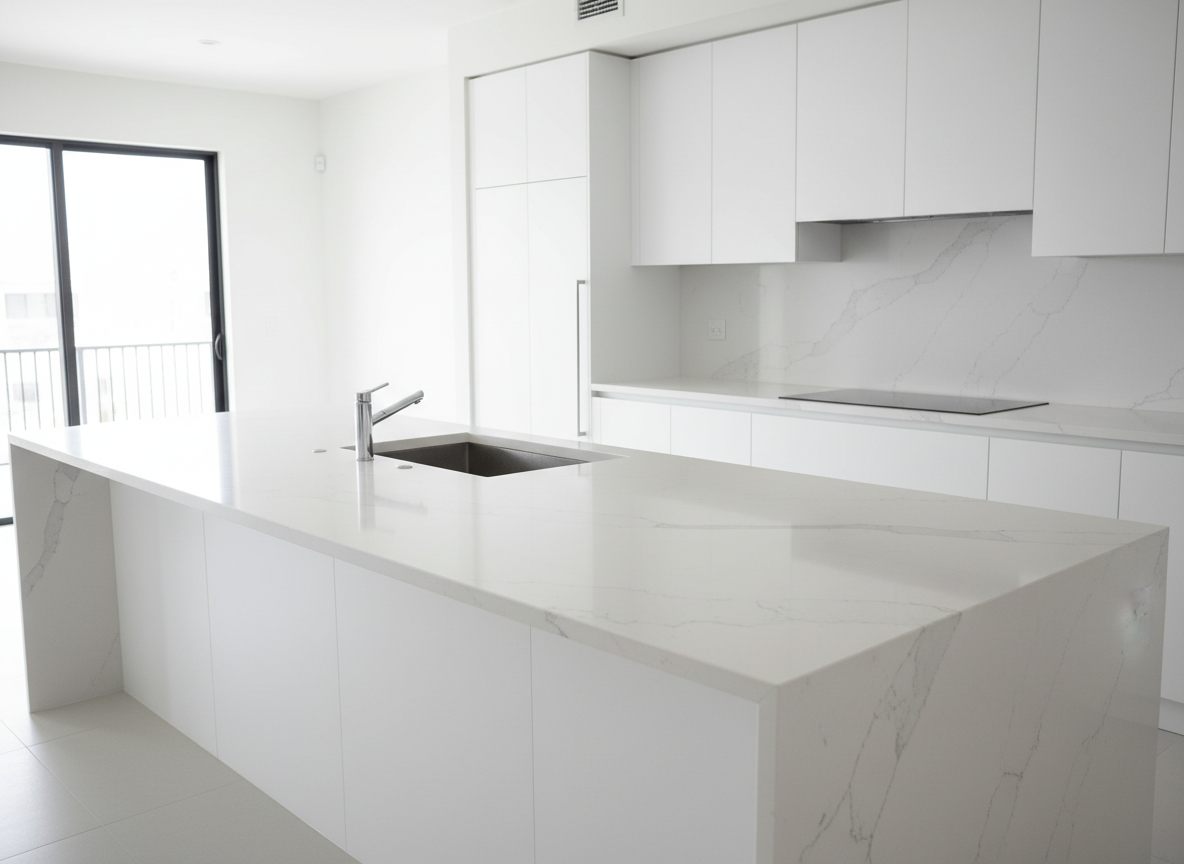 A spacious, modern South Florida kitchen showcasing an expansive white quartz waterfall island with subtle gray veining, its polished surface catching the light with a gentle sheen. The countertop stretches across sleek, handleless matte white cabinetry, with a deep stainless undermount sink seamlessly integrated. In the background, a matching quartz backsplash rises to minimalist upper cabinets. Soft natural daylight pours in from an unseen sliding glass door, creating crisp reflections and soft shadows along the edges. Photographed at eye level with sharp focus and a slightly wide angle, the composition emphasizes the countertop as the hero. The mood is clean, luxurious, and professional, with photographic realism and a bright, airy, coastal feel that highlights premium fabrication quality.