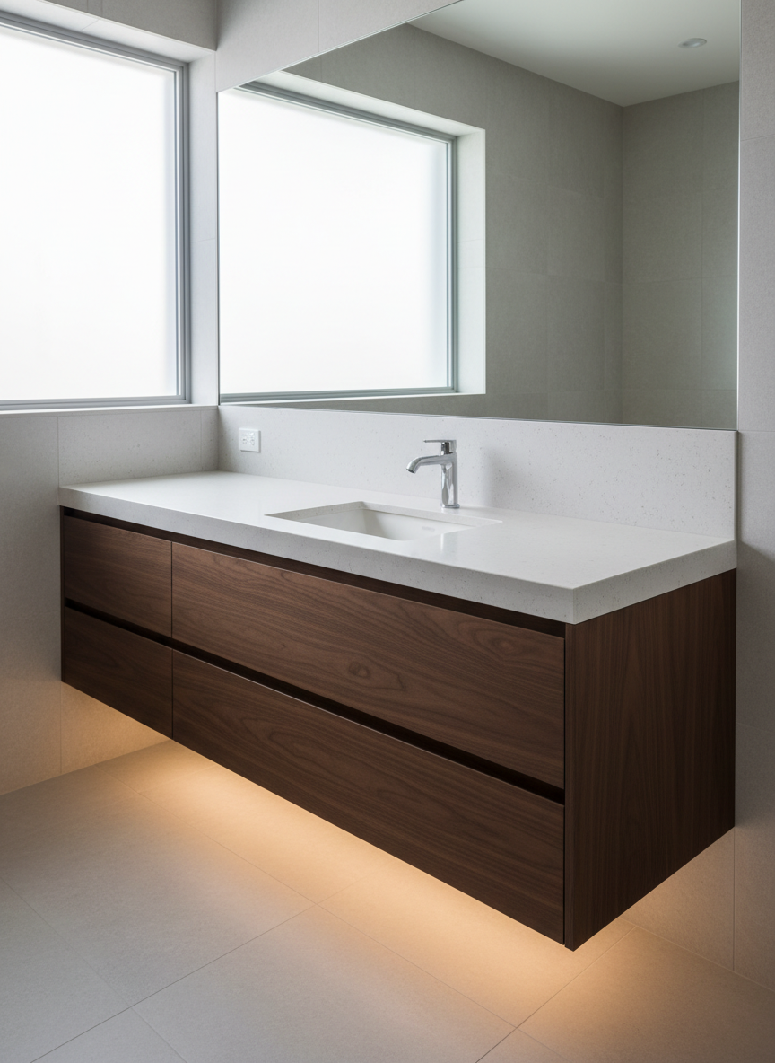 A sleek, contemporary bathroom vanity in a South Florida home, featuring a floating dark walnut cabinet topped with a pale, finely speckled quartz countertop in a soft off-white tone. An integrated rectangular undermount sink and minimalist single-hole faucet emerge crisply from the polished surface. The countertop extends slightly beyond the cabinet, showcasing a precise eased edge. Behind, a large frameless mirror reflects soft, diffused daylight from a frosted window. Subtle LED strip lighting beneath the vanity casts a graceful glow on the porcelain floor, creating a sense of lightness. Captured at eye level with balanced, sharp focus, the image centers the countertop while allowing hints of sleek wall tile in the background. The atmosphere is calm, spa-like, and meticulously clean, with professional, photographic realism highlighting premium bathroom fabrication.