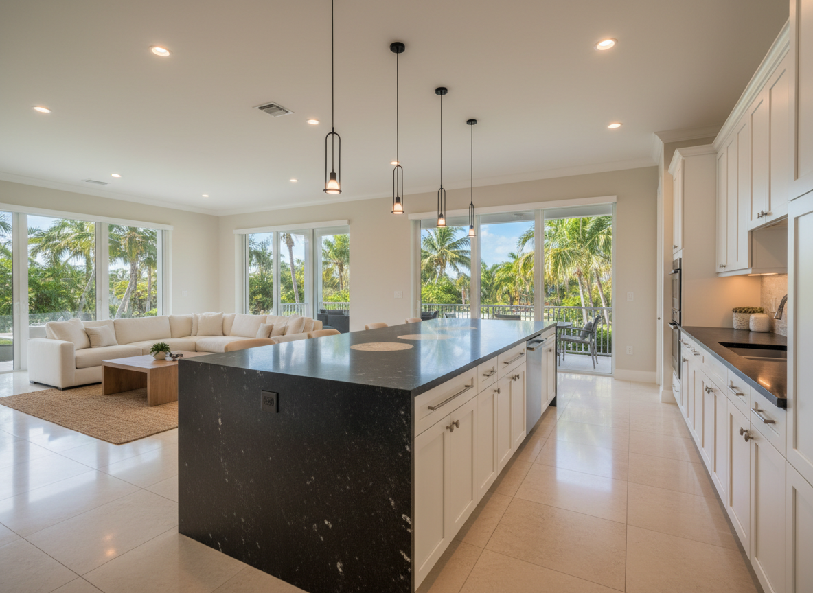 A luxurious open-concept kitchen and living space in a South Florida home, anchored by a long, L-shaped island topped with dark, honed granite countertops featuring subtle speckling and a velvety matte texture. The stone contrasts with bright white shaker cabinetry and a light porcelain tile floor. Floor-to-ceiling glass doors in the distance reveal a hint of tropical greenery and blue sky, flooding the room with warm, diffused sunlight. Pendant lights with simple black frames hang above the island, adding soft pools of warm light on the stone surface. Photographed from a slightly elevated corner perspective, the composition leads the eye along the countertop edges toward the outdoor view. The mood is sophisticated yet inviting, with clean, modern photographic realism that emphasizes durability and elegance.