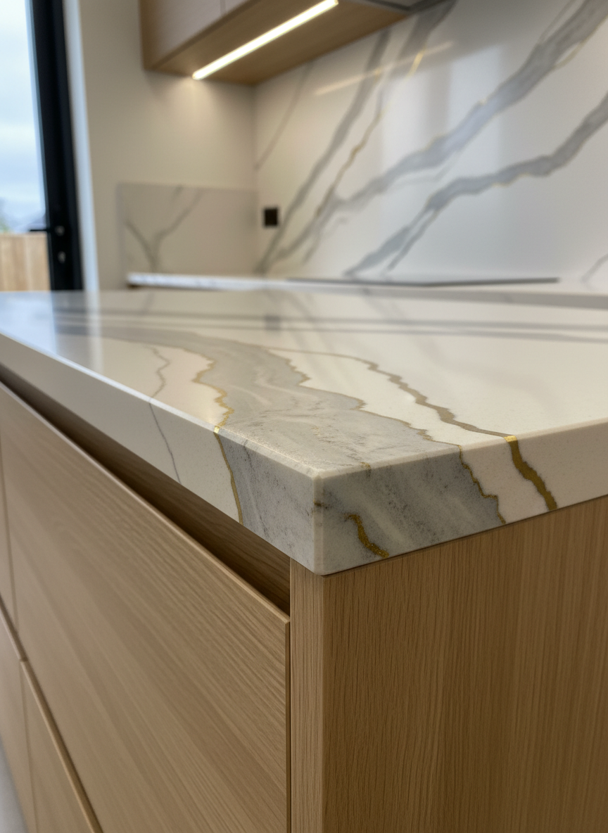A close-up detail of a premium kitchen countertop corner, featuring thick, richly patterned Calacatta quartz with dramatic gray and gold veining against a warm white base. The flawless mitered edge shows perfect alignment, illustrating precision fabrication. Below, flat-panel light oak cabinetry adds soft texture, while the blurred background hints at a high-end cooktop and minimalist backsplash. Soft overcast daylight from a nearby window combines with discreet under-cabinet LED lighting, creating delicate highlights along the polished edge and a gentle glow on the vertical faces. Captured from a slightly elevated angle with shallow depth of field, the image focuses attention on craftsmanship, edge profile, and surface finish. The mood is refined and confident, with a clean, modern, photographic style ideal for a professional countertop fabricator.
