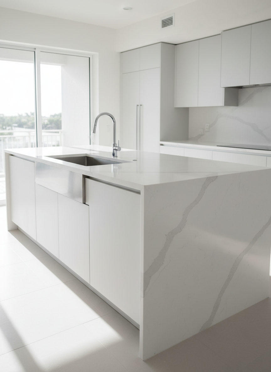 A spacious, modern South Florida kitchen showcasing an expansive white quartz waterfall island with subtle gray veining, its polished surface catching the light with a gentle sheen. The countertop stretches across sleek, handleless matte white cabinetry, with a deep stainless undermount sink seamlessly integrated. In the background, a matching quartz backsplash rises to minimalist upper cabinets. Soft natural daylight pours in from an unseen sliding glass door, creating crisp reflections and soft shadows along the edges. Photographed at eye level with sharp focus and a slightly wide angle, the composition emphasizes the countertop as the hero. The mood is clean, luxurious, and professional, with photographic realism and a bright, airy, coastal feel that highlights premium fabrication quality.