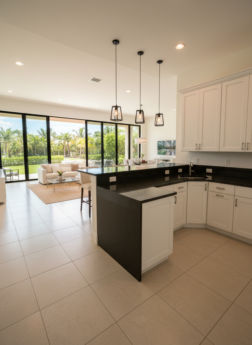 A luxurious open-concept kitchen and living space in a South Florida home, anchored by a long, L-shaped island topped with dark, honed granite countertops featuring subtle speckling and a velvety matte texture. The stone contrasts with bright white shaker cabinetry and a light porcelain tile floor. Floor-to-ceiling glass doors in the distance reveal a hint of tropical greenery and blue sky, flooding the room with warm, diffused sunlight. Pendant lights with simple black frames hang above the island, adding soft pools of warm light on the stone surface. Photographed from a slightly elevated corner perspective, the composition leads the eye along the countertop edges toward the outdoor view. The mood is sophisticated yet inviting, with clean, modern photographic realism that emphasizes durability and elegance.