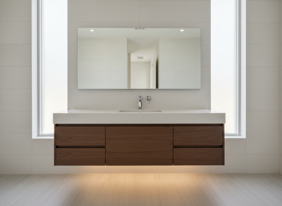 A sleek, contemporary bathroom vanity in a South Florida home, featuring a floating dark walnut cabinet topped with a pale, finely speckled quartz countertop in a soft off-white tone. An integrated rectangular undermount sink and minimalist single-hole faucet emerge crisply from the polished surface. The countertop extends slightly beyond the cabinet, showcasing a precise eased edge. Behind, a large frameless mirror reflects soft, diffused daylight from a frosted window. Subtle LED strip lighting beneath the vanity casts a graceful glow on the porcelain floor, creating a sense of lightness. Captured at eye level with balanced, sharp focus, the image centers the countertop while allowing hints of sleek wall tile in the background. The atmosphere is calm, spa-like, and meticulously clean, with professional, photographic realism highlighting premium bathroom fabrication.