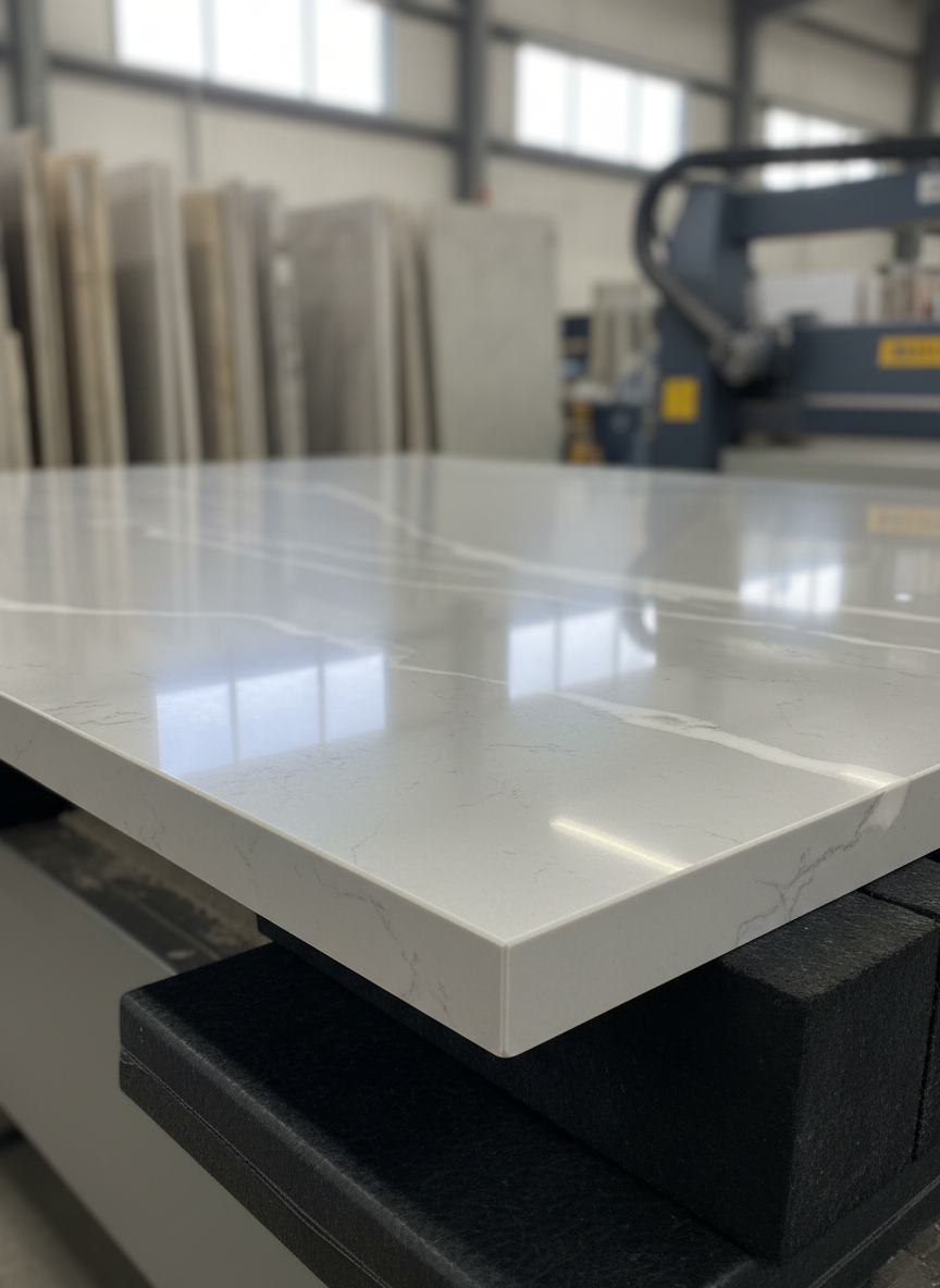 A fabrication shop environment focusing on a freshly finished slab of engineered quartz for kitchen countertops, lying flat on padded supports. The surface is a light gray tone with delicate white veining, captured in sharp detail to reveal its polished, mirror-like finish. In the softly blurred background, neatly organized stone slabs stand vertically, and precision cutting equipment is visible without dominating the frame. Overhead industrial lighting combines with filtered daylight from high windows, creating clear, linear reflections across the quartz and subtle shadows beneath. Shot from a low, side angle along the slab’s length, the composition emphasizes thickness, straight edges, and flawless craftsmanship. The mood is professional and technical yet refined, with clean, realistic photography that conveys the precision and quality of a South Florida premium countertop fabricator.