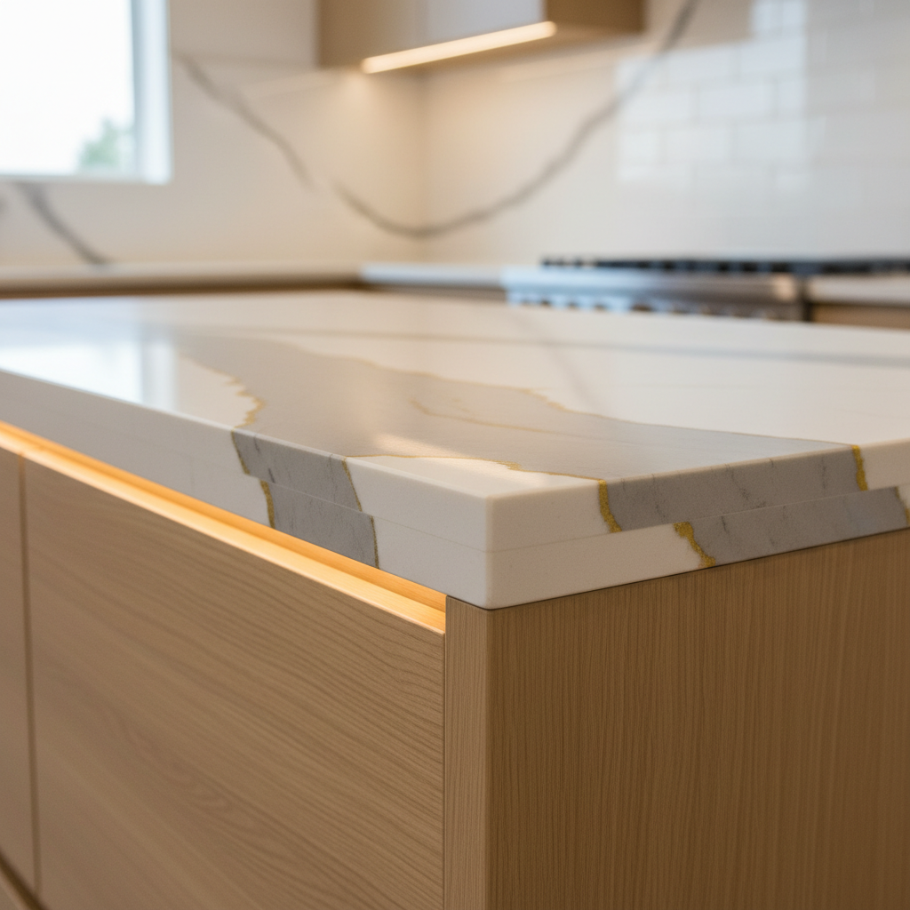 A close-up detail of a premium kitchen countertop corner, featuring thick, richly patterned Calacatta quartz with dramatic gray and gold veining against a warm white base. The flawless mitered edge shows perfect alignment, illustrating precision fabrication. Below, flat-panel light oak cabinetry adds soft texture, while the blurred background hints at a high-end cooktop and minimalist backsplash. Soft overcast daylight from a nearby window combines with discreet under-cabinet LED lighting, creating delicate highlights along the polished edge and a gentle glow on the vertical faces. Captured from a slightly elevated angle with shallow depth of field, the image focuses attention on craftsmanship, edge profile, and surface finish. The mood is refined and confident, with a clean, modern, photographic style ideal for a professional countertop fabricator.